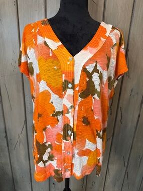 Joie Orange and Cream Abstract Button-Front Top
